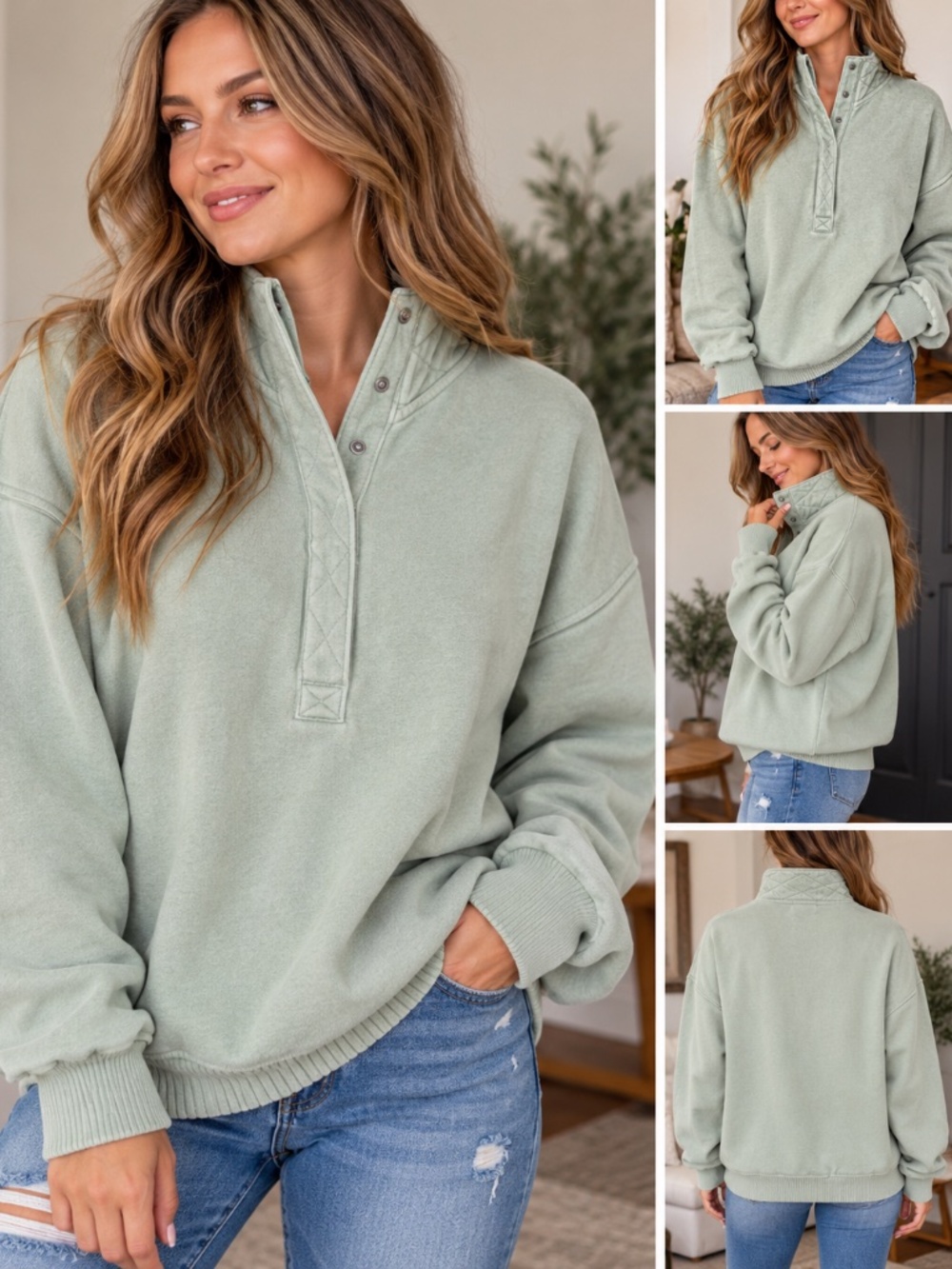 Aerie XS Oversized Mock Neck Snap Pullover Sage Green